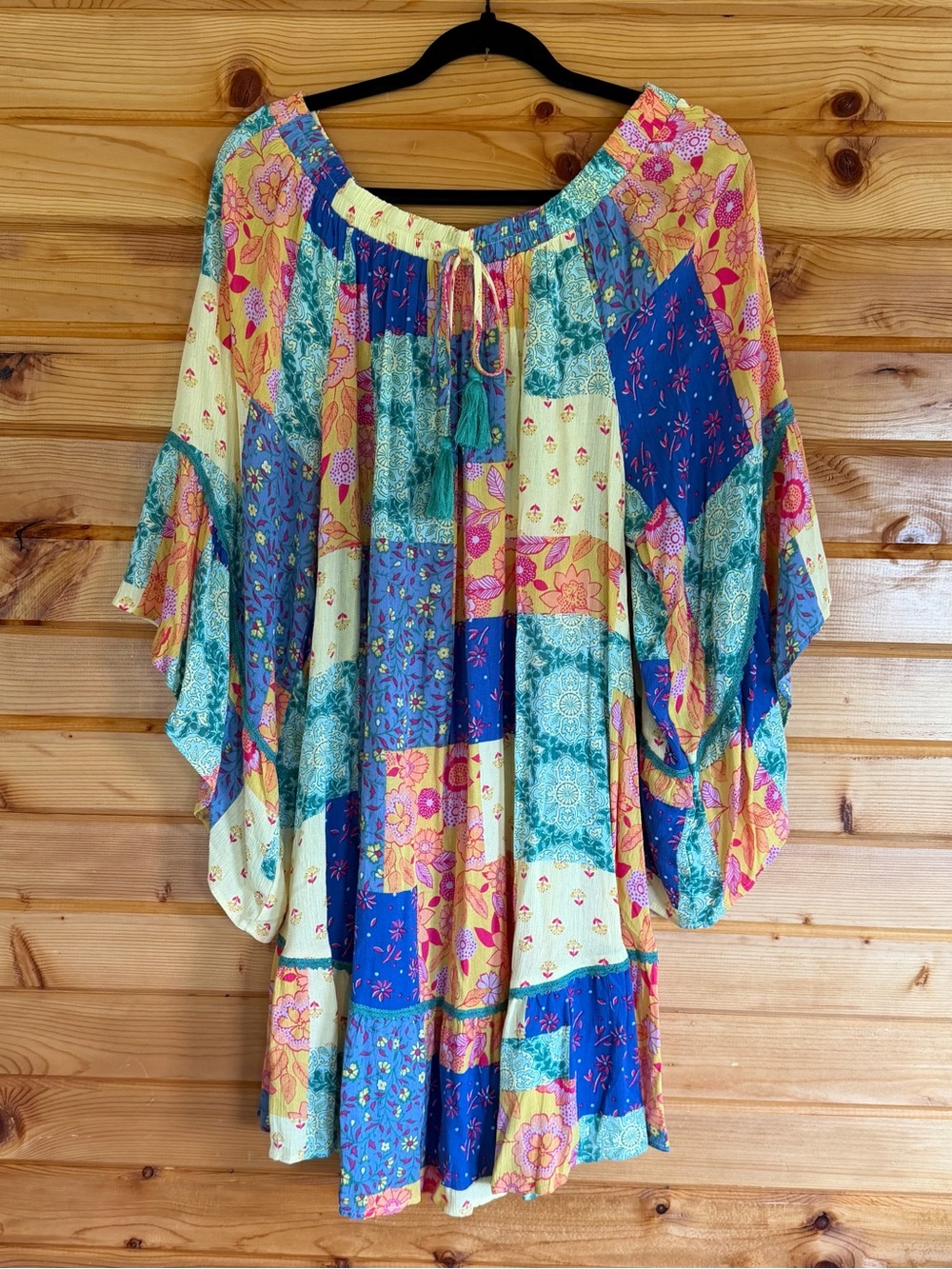 Easel Boho Patchwork Off-Shoulder Tunic Dress - Yellow & Blue